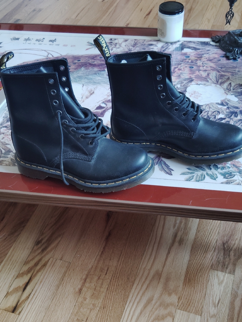 Brand new Dr. Martens Black Leather Lace-Up Boots with Yellow Stitching - Picture 3 of 4